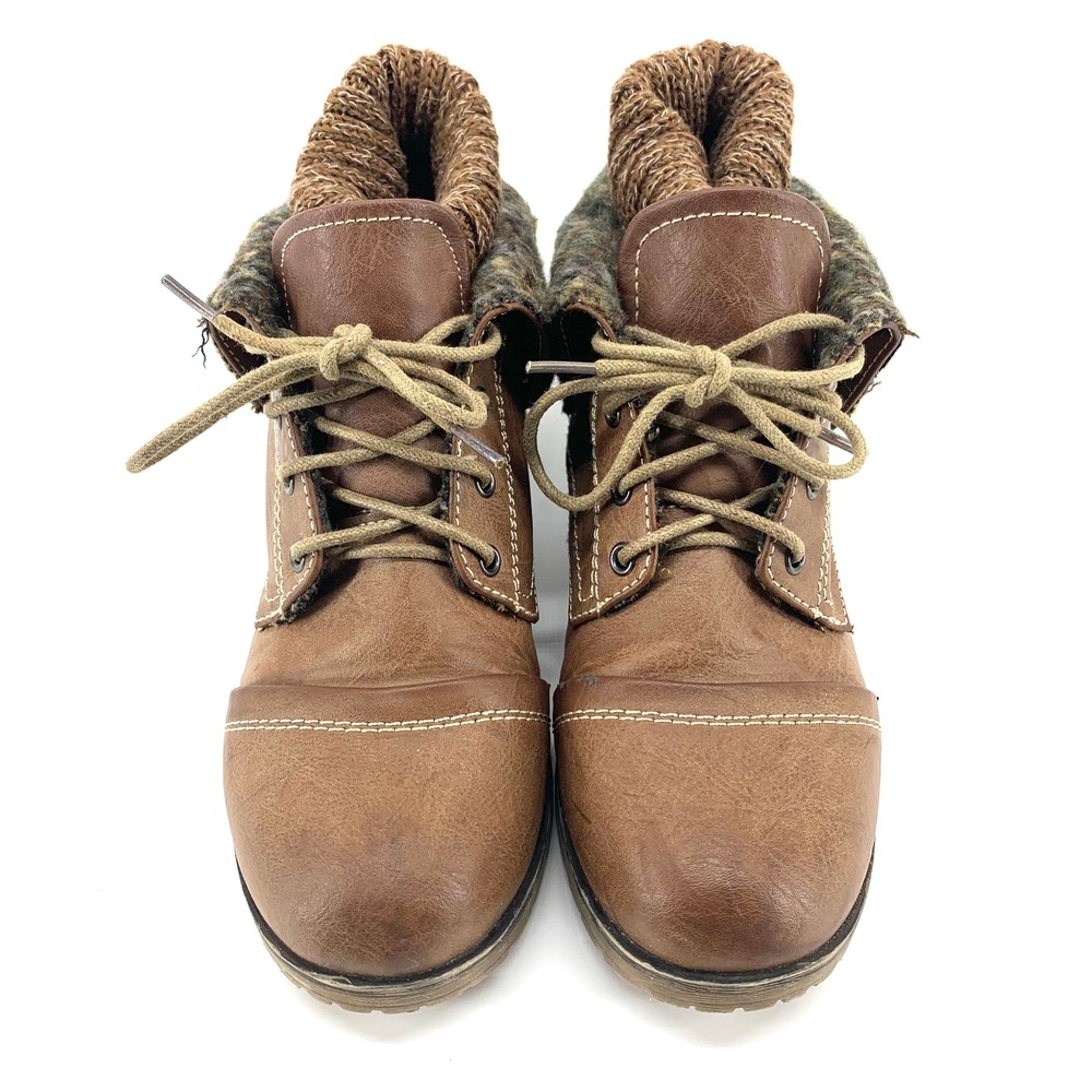 Womens Brown Lace Up Ankle Boots Knit Cuff Faux Leather Winter Fashion Size 7 US